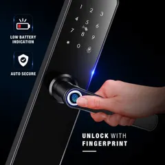 Unlock your door instantly with a single touch. This image demonstrates the speed and simplicity of our biometric fingerprint sensor, providing secure, keyless entry for you and your family.