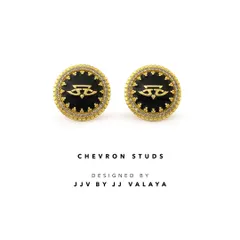 Classic yet contemporary, the Chevron Studs by JJ Valaya are crafted to be your forever companions. The iconic chevron pattern is rendered in black enamel and 22k gold plating for a timeless look.