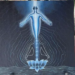 Titled 'Elevation', this piece was created for a Yoga Day workshop. It depicts the journey of the soul rising from a meditative state towards a higher consciousness, using a simple palette of blue and white to create a serene, ethereal feel.