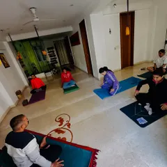 This photo captures the serene atmosphere of our first advanced yoga weekend workshop. It was a wonderful experience of learning and practicing together as a community.