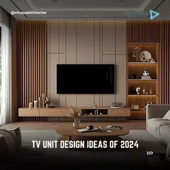 A perfect example of a modern media wall using wooden fluting and integrated shelving. The floating console provides storage, while the vertical lines of the wood paneling draw the eye upward, making the ceiling feel higher.