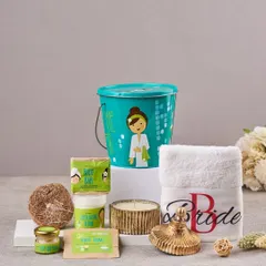 This spa-in-a-bucket is a complete pampering kit for the bride. It contains a personalized towel, body scrub, foot soak, a loofah, and a scented candle, all packed in a cute, reusable tin bucket.