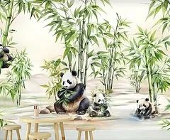 A charming and peaceful scene of pandas playing in a bamboo forest. This hand-painted style mural from our Fun Zone collection is perfect for creating a calm and cute atmosphere in a nursery or playroom.