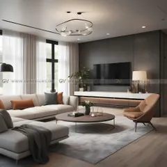 This contemporary living room is a perfect blend of sleek furniture and a sophisticated color palette. The design features a large L-shaped sofa, a minimalist TV unit against a dark feature wall, and innovative lighting to create a comfortable and stylish space.