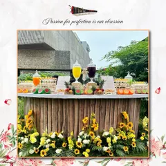 A bright and sunny brunch bar decorated with sunflowers and fresh fruits. This setup is perfect for daytime events, offering a refreshing and visually appealing station for guests to enjoy.