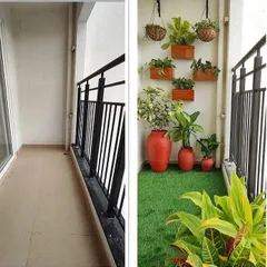 From a bare floor to a vibrant garden. This balcony makeover features artificial turf, wall-mounted planters, and large floor pots, creating multiple layers of greenery in a compact space.