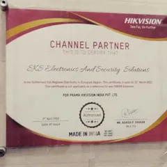 My official Channel Partner certificate from PRAMA HIKVISION INDIA. This certifies SKS as an Authorized Sub Regional Distributor in the Gurugram region, a mark of trust and reliability.