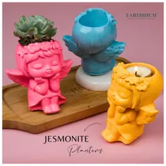 I created these angel-shaped pieces from eco-friendly Jesmonite to be beautifully versatile. You can use them as a planter for a small succulent or as a holder for a tea-light candle. Their vibrant, cheerful colors are designed to bring a little bit of joy to any corner.