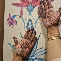 Celebrating Hariyali Teej with this beautiful henna stain. The designs are different on each hand, one with a peacock and the other with a geometric pattern, both showing a lovely dark color.