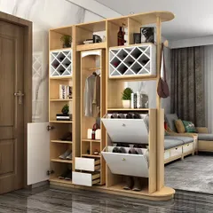A highly functional, multi-purpose entryway partition. This clever unit includes flip-down shoe storage, a small wardrobe section, open shelving, wine racks, and a coat hook, making it a true workhorse for any home.