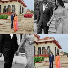 A collage of photos from a shoot at Rambagh Palace, showing the couple in both color and black and white. This captures the timeless romance of a heritage location.
