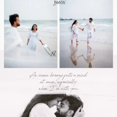 A collage showing a couple dressed in white, enjoying a serene day on the beach. This aesthetic captures the peaceful, romantic moments that make pre-wedding shoots so special.