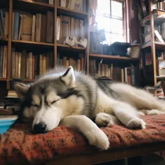 A sleepy Siberian Husky enjoying a deep sleep on a soft cushion. We make sure even our largest guests have plenty of comfortable spots to rest.