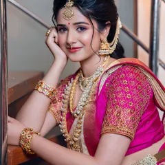 A perfect portrait of a South Indian bride. The makeup features a dewy finish, subtly shimmering eyes, and a natural lip tone to balance the magnificent gold and diamond jewelry.