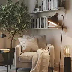 I believe every home needs a cozy corner for reading and relaxing. This nook features a plush armchair, a soft throw, and focused lighting from a modern floor lamp, creating the perfect personal retreat within your living space.