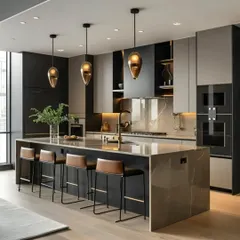 This luxurious open-plan kitchen features a large marble-finish island with a breakfast bar, handleless cabinets, and built-in appliances. The design emphasizes a sophisticated, modern aesthetic with high-end materials and pendant lighting.