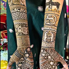 We can incorporate anything you love into your mehndi. This unique design features a Cafe Coffee Day logo, a special memory for the client, alongside deer and other traditional motifs.