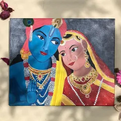 A close-up look at a Radha Krishna portrait, focusing on the tender expressions and detailed ornamentation. I use fine brushes to capture the intricate jewelry and fabric patterns, bringing their eternal love story to life.
