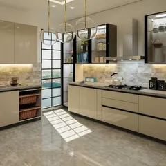 Natural light floods this modern kitchen, highlighting the glossy finish of the cabinets and the sleek pendant lights over the island. The design incorporates open wicker basket storage for a touch of rustic warmth.