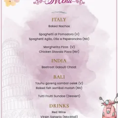 The menu for our Eat Pray Love experience, inspired by the flavors of Italy, India, and Bali. Guests enjoyed dishes like Spaghetti al Pomodoro, Beetroot Galouti Chaat, and Baked Fish Sambal Matah, tasting the story as it moved across the globe.