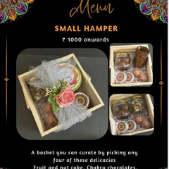 The Small Hamper is a customizable option where you can pick four delicacies from my Diwali menu, including cakes, dessert jars, and candles, to create your own personalized gift.