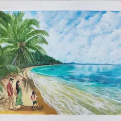 I love working with families to turn a cherished memory into a timeless piece of art. This commissioned painting, "Beach Panorama," was created from a family's vacation photos. We worked together to capture the feeling of a perfect day, from the light on the water to the joy in their steps.