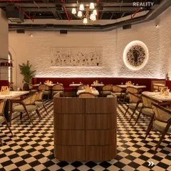 The final photo of the Fountain Sizzlers dining area. The executed space is a near-perfect match to our render, delivering on the promise of a warm, inviting, and art-filled restaurant.