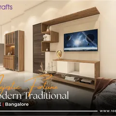 A look at the 'Majestic Fortune' 3BHK in Bangalore, where we blended modern design with traditional soul. The open-plan living and dining area is tied together with warm wood tones and clean lines for a welcoming feel.