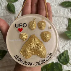 The second memorial plaque, this one featuring the pawprint covered in shining gold leaf. The gold represents how precious UFO's memory is, set against a soft, pearly white background.