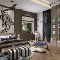 A closer look at the details in the astronaut-themed room. Every element, from the rocket ship toy basket to the skateboard at the foot of the bed, is chosen to add to the room's playful and imaginative character.