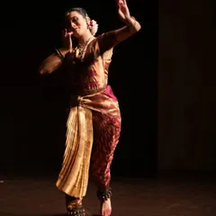 Another angle from the same performance, showing a different phase of movement. This demonstrates the fluid transitions and sculptural quality of Bharatanatyam poses.
