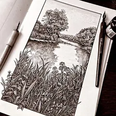 Explore the timeless art of ink illustration with us. This intricate landscape, created with fine pen work and cross-hatching, demonstrates the detailed techniques we teach for creating powerful black and white compositions.