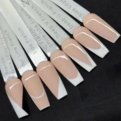 The French manicure is more than just one look. This chart shows some of the different styles I can create, like the classic smile line, deep V-french, and side tips, to help you customize your manicure.