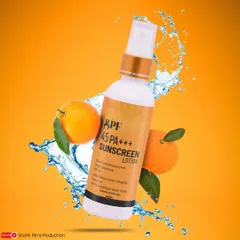 Our creative product photography uses techniques like water splashes and dynamic lighting to make your product stand out. This image for a sunscreen lotion is designed for ad campaigns and banners, highlighting its refreshing qualities.