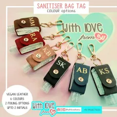 A full look at the color options for my sanitizer bag tags. I offer six different shades of vegan leather, from classic brown and charcoal to vibrant scarlet and salmon, so you can find the perfect match.