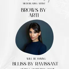 We are proud to announce our exclusive collaboration with celebrity microblading artist Arti Bagga. This poster highlights the limited-time opportunity to receive a world-class brow treatment at our New Delhi salon.