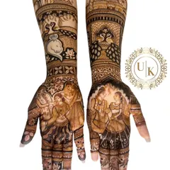 This is a perfect example of a storytelling mehandi. It features portraits of the couple, their `varmala` ceremony, and landmarks from their story, creating a design that is completely unique to them.