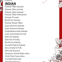 A look at our extensive Indian vegetarian snacks menu. It features a wide variety of options, from different types of Paneer Tikka to an array of kebabs and kachoris.