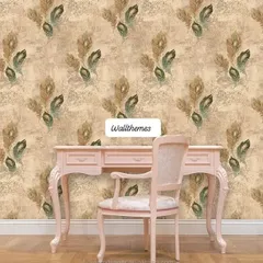 A room mockup with a beige wallpaper featuring a repeating peacock feather pattern, perfect for a study or bedroom.