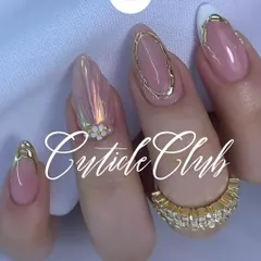 A sophisticated and modern set with a mix of French tips, abstract gold wire-like art, and 3D accents.