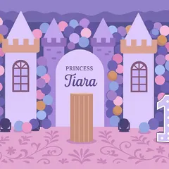 This is the design render for Tiara's princess castle party. It helps you visualize the final setup, showing the placement of the castle, princesses, balloons, and the light-up number "1".