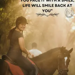 A rider smiles, surrounded by the golden light of a morning ride. Horse riding is a great way to take your power back and focus on self-care.