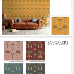 Another design from my Sanganeri block print collection, called 'Courtyard of Maiden'. This wallpaper tells a story with its traditional motifs of figures, deer, and palm trees, perfect for a unique, ethnic look.