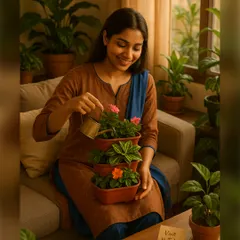 This three-tiered vertical planter is a perfect solution for adding multiple plants in a small indoor space. It's a self-contained little garden that's easy to water and care for, seen here with a mix of flowering and foliage plants.