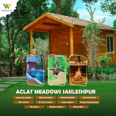 Escape to Aclat Meadows in Sakleshpur, deep within the coffee estates of the Western Ghats. Here you can enjoy our Superman Zipline, authentic Malnad cuisine, and the pure, fresh air of the mountains.