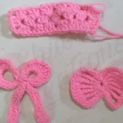 Learning to make small decorative elements is so much fun. This image shows a simple stitch swatch and two different styles of crochet bows, which can be used to embellish clothes, bags, or gifts.