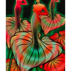 A full view of the 'Anthurium Empresses,' showcasing the trio of figures as a powerful, unified presence in a lush, surreal environment.