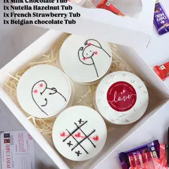 "The Flirt Box" is a fun Valentine's gift with four different dessert tubs: Milk Chocolate, Nutella Hazelnut, French Strawberry, and Belgian Chocolate.