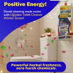 Clean home, positive energy! This image makes Diwali cleaning easier with Ujjiyara Toilet Cleaner, promising powerful herbal freshness with zero harsh chemicals and a Buy 1 Get 1 Free deal.