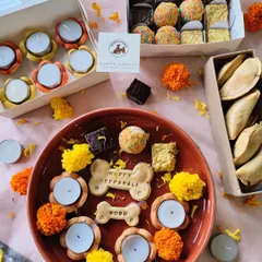 A festive flat lay of my complete Diwali collection. You can see the dog-safe gujiyas, the mithai box with laddoos and barfis, and my unique edible diyas that let your dog have their own safe celebration.
